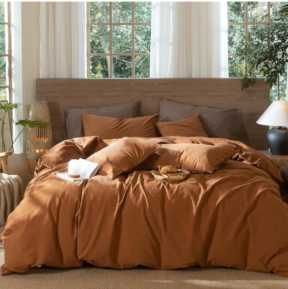 MooMee Wavy Striped Duvet Cover Set 100% Washed Cotton Linen Like Textured Breat